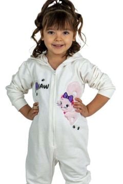 Kız Bebek Üzerinde Kedi ve Miaw Yazı Baskılı Önü Fermuarlı Kapüşonlu Beyaz Tulum