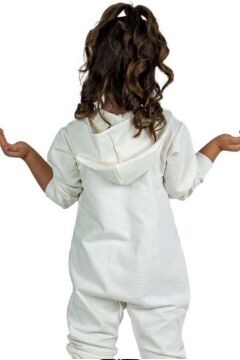 Kız Bebek Üzerinde Kedi ve Miaw Yazı Baskılı Önü Fermuarlı Kapüşonlu Beyaz Tulum