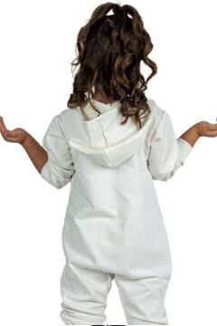 Kız Bebek Üzerinde Kedi ve Miaw Yazı Baskılı Önü Fermuarlı Kapüşonlu Beyaz Tulum