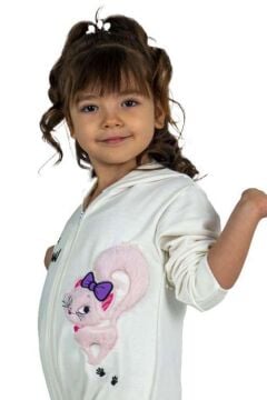 Kız Bebek Üzerinde Kedi ve Miaw Yazı Baskılı Önü Fermuarlı Kapüşonlu Beyaz Tulum