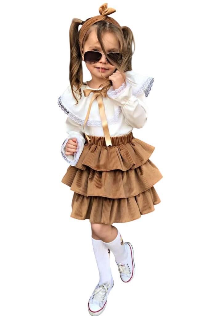 Kız Çocuk Üstü Volanlı Dantel İşlemeli Fırfırlı Taba Etekli Takım