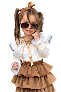 Kız Çocuk Üstü Volanlı Dantel İşlemeli Fırfırlı Taba Etekli Takım