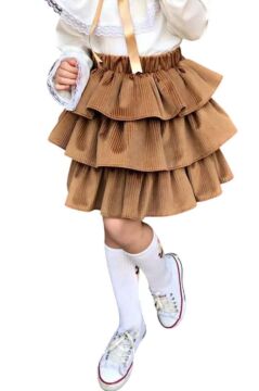 Kız Çocuk Üstü Volanlı Dantel İşlemeli Fırfırlı Taba Etekli Takım