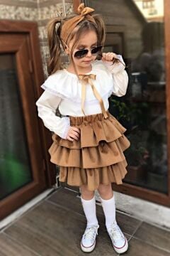 Kız Çocuk Üstü Volanlı Dantel İşlemeli Fırfırlı Taba Etekli Takım