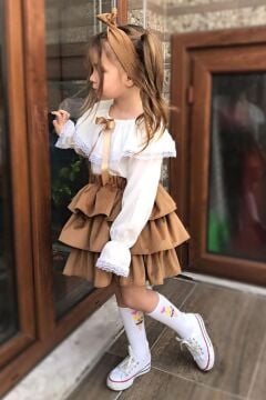Kız Çocuk Üstü Volanlı Dantel İşlemeli Fırfırlı Taba Etekli Takım