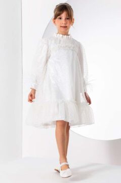 Kız Çocuk Yakası ve Göğsü Fırfırlı Bilekleri Kırçıllı Üzeri Puantiye Detaylı İçi Şifon Beyaz Elbise