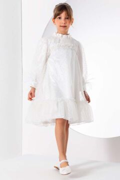 Kız Çocuk Yakası ve Göğsü Fırfırlı Bilekleri Kırçıllı Üzeri Puantiye Detaylı İçi Şifon Beyaz Elbise