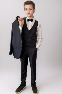 Erkek Çocuk Blazer Ceketli, Cepken Yelekli Siyah Takım Elbise 10-16 Yaş