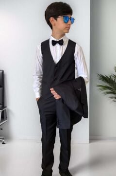 Erkek Çocuk Blazer Ceketli, Cepken Yelekli Siyah Takım Elbise 10-16 Yaş