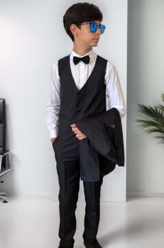 Erkek Çocuk Blazer Ceketli, Cepken Yelekli Siyah Takım Elbise 10-16 Yaş