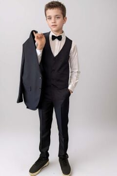 Erkek Çocuk Blazer Ceketli, Cepken Yelekli Siyah Takım Elbise 10-16 Yaş