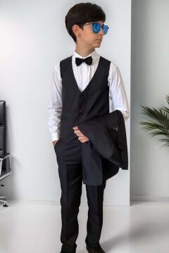 Erkek Çocuk Blazer Ceketli, Cepken Yelekli Siyah Takım Elbise 10-16 Yaş