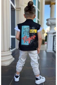 Erkek Çocuk Kaplan Detaylı T-shirt Sırt Baskılı Kolsuz Siyah Jean Ceket Kargo Cepli Alt Üst Takım