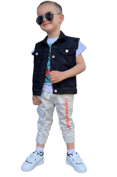 Erkek Çocuk Kaplan Detaylı T-shirt Sırt Baskılı Kolsuz Siyah Jean Ceket Kargo Cepli Alt Üst Takım