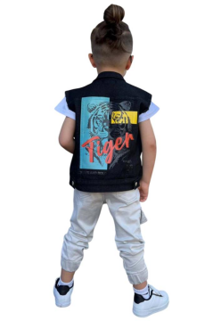 Erkek Çocuk Kaplan Detaylı T-shirt Sırt Baskılı Kolsuz Siyah Jean Ceket Kargo Cepli Alt Üst Takım