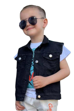 Erkek Çocuk Kaplan Detaylı T-shirt Sırt Baskılı Kolsuz Siyah Jean Ceket Kargo Cepli Alt Üst Takım