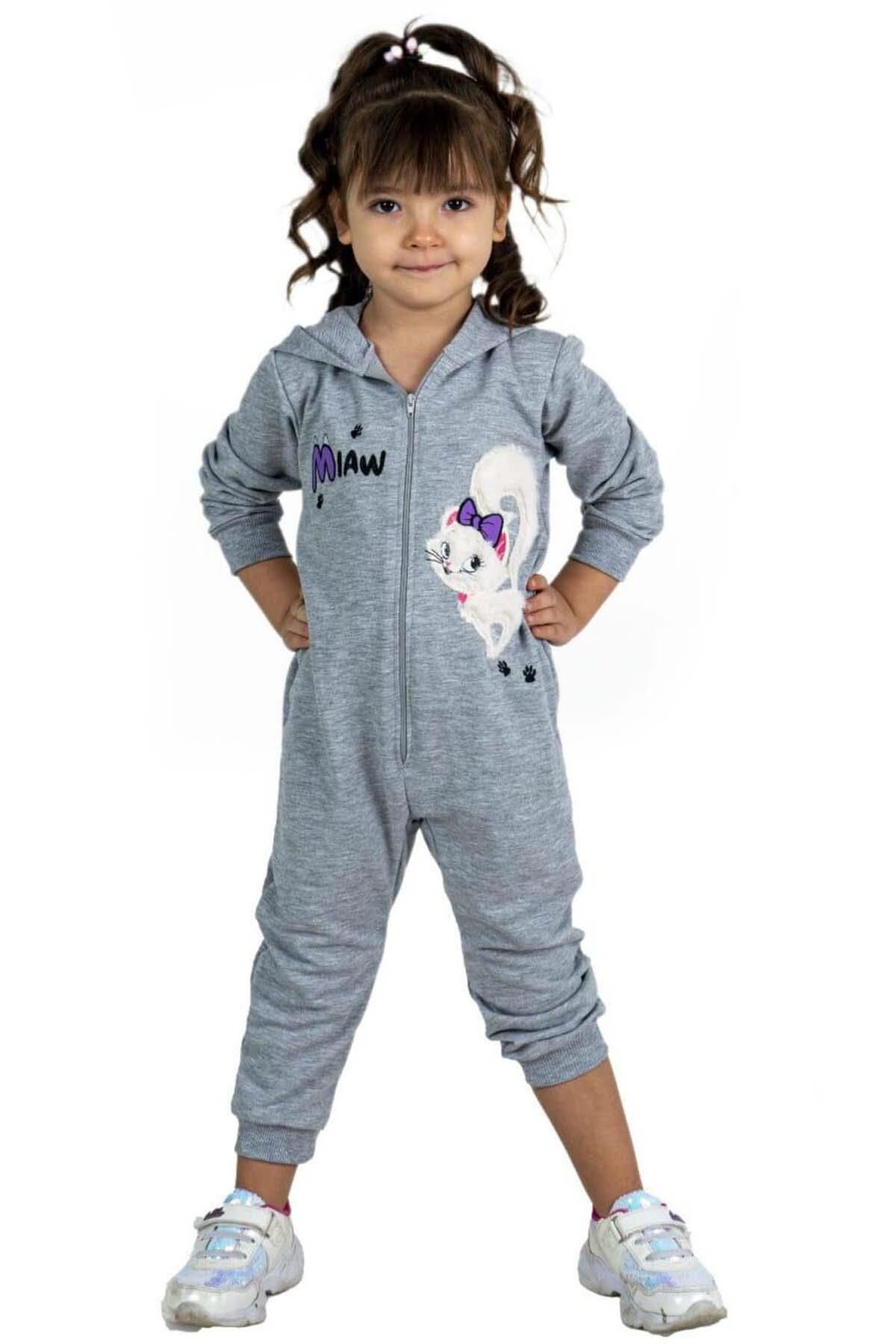 Kız Bebek Üzerinde Kedi ve Miaw Yazı Baskılı Önü Fermuarlı Kapüşonlu Gri Tulum