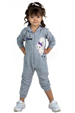 Kız Bebek Üzerinde Kedi ve Miaw Yazı Baskılı Önü Fermuarlı Kapüşonlu Gri Tulum