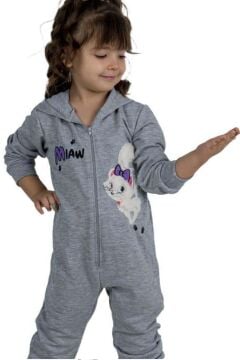 Kız Bebek Üzerinde Kedi ve Miaw Yazı Baskılı Önü Fermuarlı Kapüşonlu Gri Tulum