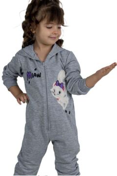 Kız Bebek Üzerinde Kedi ve Miaw Yazı Baskılı Önü Fermuarlı Kapüşonlu Gri Tulum