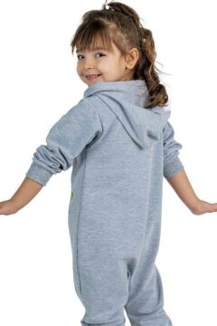 Kız Bebek Üzerinde Kedi ve Miaw Yazı Baskılı Önü Fermuarlı Kapüşonlu Gri Tulum