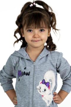Kız Bebek Üzerinde Kedi ve Miaw Yazı Baskılı Önü Fermuarlı Kapüşonlu Gri Tulum