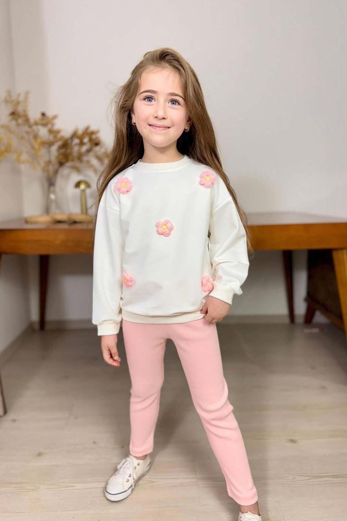 Kız Çocuk Üzeri Papatya Figürlü 3 İplik Kazak Bol Kesim Skuba Kumaş Fitilli Pembe Taytlı Takım