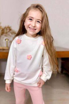 Kız Çocuk Üzeri Papatya Figürlü 3 İplik Kazak Bol Kesim Skuba Kumaş Fitilli Pembe Taytlı Takım