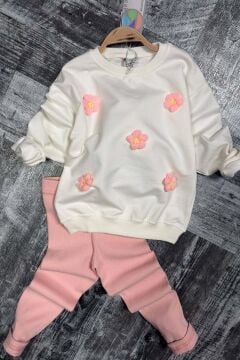 Kız Çocuk Üzeri Papatya Figürlü 3 İplik Kazak Bol Kesim Skuba Kumaş Fitilli Pembe Taytlı Takım