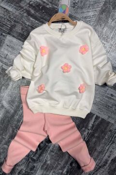 Kız Çocuk Üzeri Papatya Figürlü 3 İplik Kazak Bol Kesim Skuba Kumaş Fitilli Pembe Taytlı Takım