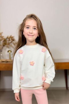 Kız Çocuk Üzeri Papatya Figürlü 3 İplik Kazak Bol Kesim Skuba Kumaş Fitilli Pembe Taytlı Takım