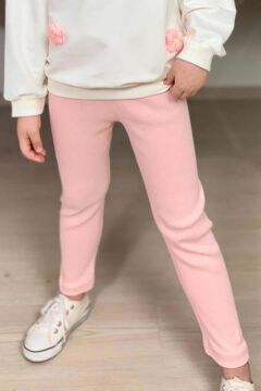 Kız Çocuk Üzeri Papatya Figürlü 3 İplik Kazak Bol Kesim Skuba Kumaş Fitilli Pembe Taytlı Takım