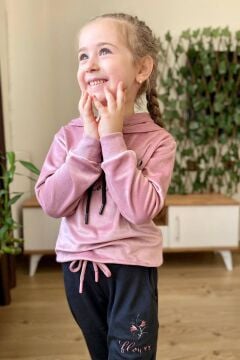 Kız Çocuk Buket Çiçek İşlemeli Kadife Sweatshirt Eşofman Altı Gül Kurusu Eşofman Takım
