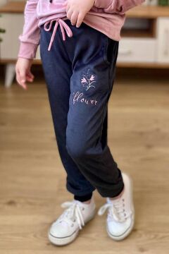 Kız Çocuk Buket Çiçek İşlemeli Kadife Sweatshirt Eşofman Altı Gül Kurusu Eşofman Takım
