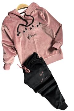 Kız Çocuk Buket Çiçek İşlemeli Kadife Sweatshirt Eşofman Altı Gül Kurusu Eşofman Takım