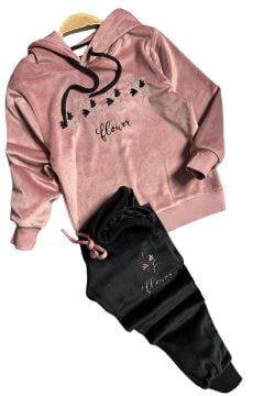 Kız Çocuk Buket Çiçek İşlemeli Kadife Sweatshirt Eşofman Altı Gül Kurusu Eşofman Takım