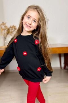 Kız Çocuk Üzeri Papatya Figürlü 3 İplik Kazak Bol Kesim Skuba Kumaş Fitilli Kırmızı Taytlı Takım