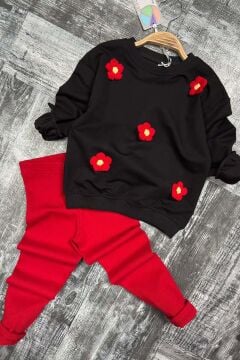 Kız Çocuk Üzeri Papatya Figürlü 3 İplik Kazak Bol Kesim Skuba Kumaş Fitilli Kırmızı Taytlı Takım