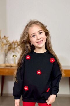 Kız Çocuk Üzeri Papatya Figürlü 3 İplik Kazak Bol Kesim Skuba Kumaş Fitilli Kırmızı Taytlı Takım