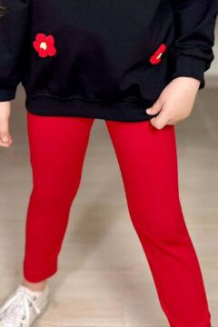 Kız Çocuk Üzeri Papatya Figürlü 3 İplik Kazak Bol Kesim Skuba Kumaş Fitilli Kırmızı Taytlı Takım