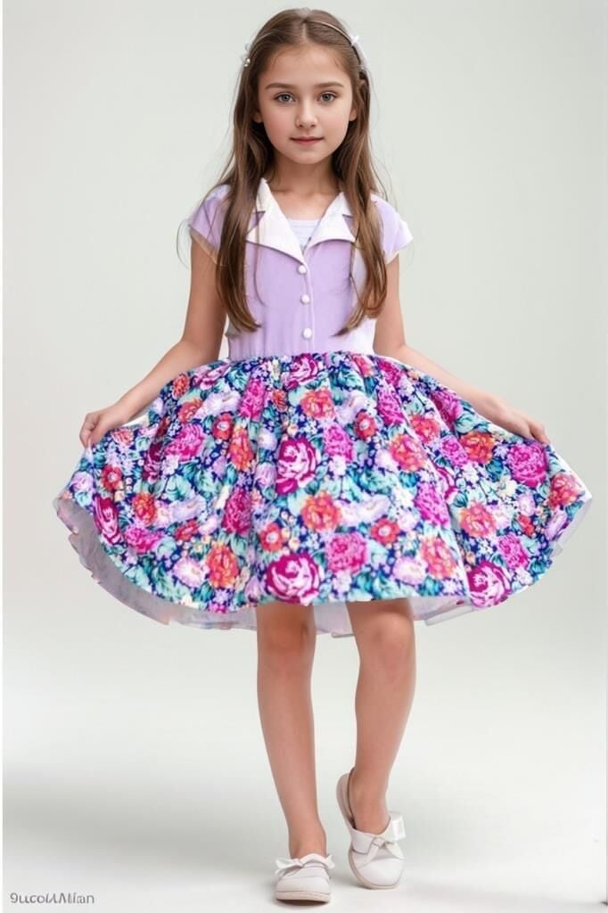 Kız Çocuk Gömlek Yaka Çiçek Baskılı Lila Elbise