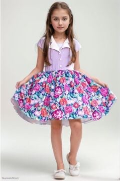 Kız Çocuk Gömlek Yaka Çiçek Baskılı Lila Elbise