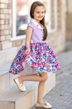 Kız Çocuk Gömlek Yaka Çiçek Baskılı Lila Elbise