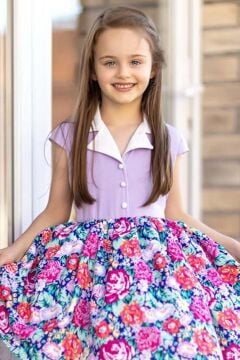 Kız Çocuk Gömlek Yaka Çiçek Baskılı Lila Elbise