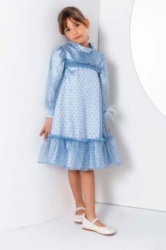 Kız Çocuk Yakası ve Göğsü Fırfırlı Bilekleri Kırçıllı Üzeri Puantiye Detaylı İçi Şifon Mavi Elbise