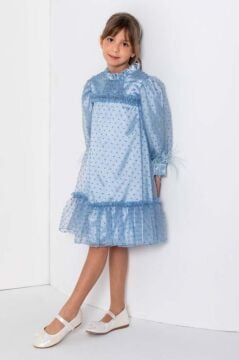 Kız Çocuk Yakası ve Göğsü Fırfırlı Bilekleri Kırçıllı Üzeri Puantiye Detaylı İçi Şifon Mavi Elbise