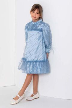 Kız Çocuk Yakası ve Göğsü Fırfırlı Bilekleri Kırçıllı Üzeri Puantiye Detaylı İçi Şifon Mavi Elbise