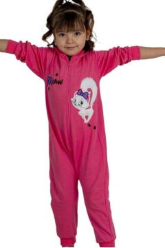 Kız Bebek Üzerinde Kedi ve Miaw Yazı Baskılı Önü Fermuarlı Kapüşonlu Pembe Tulum