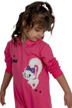 Kız Bebek Üzerinde Kedi ve Miaw Yazı Baskılı Önü Fermuarlı Kapüşonlu Pembe Tulum