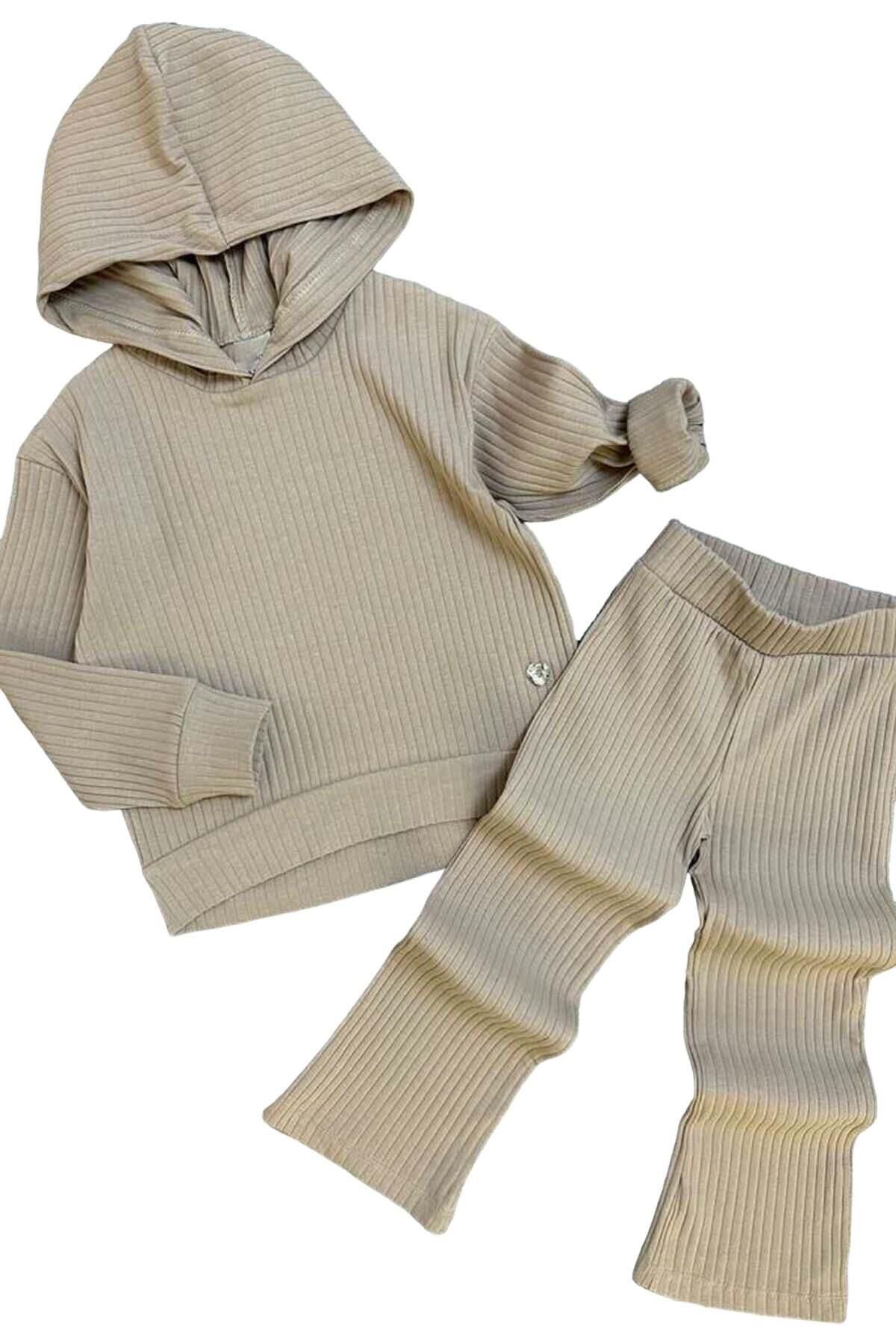 Kız Çocuk Kapüşonlu Sweatshirt Beli Lastikli Fitilli Bej Alt Üst Takım